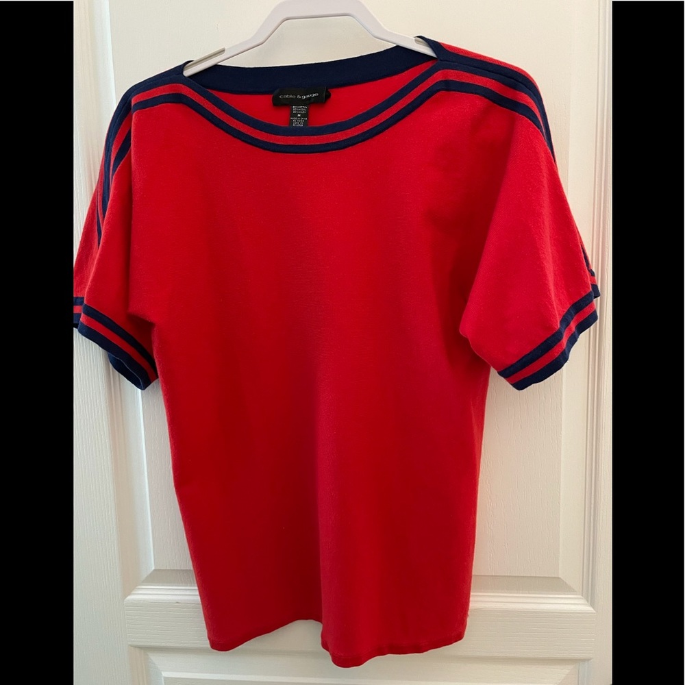 Cable & Gauge, red and navy, short sleeve, soft knit sweater, size M.